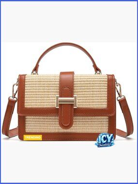 Straw Crossbody Bag, Vegan Leather Patchwork Summer Purse with Top Handle